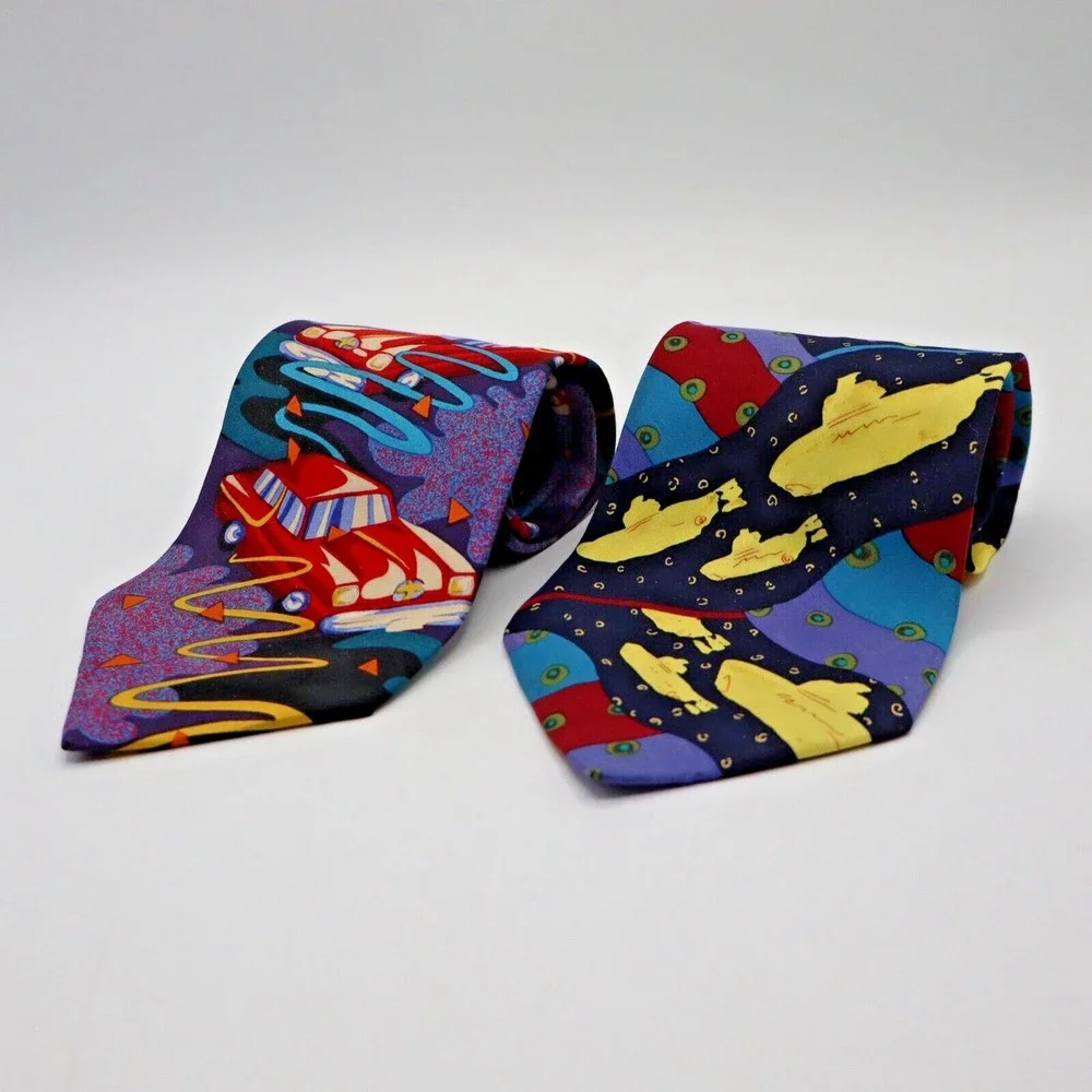 THE BEATLES Yellow Submarine & Drive My Car Neck Ties Set of 2 Novelty 100% Silk